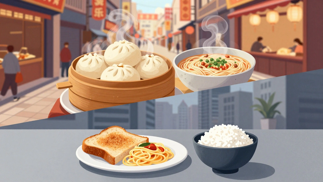 Illustration of a Chinese wheat-based meal and a Japanese breakfast with bread and a small rice bowl.
