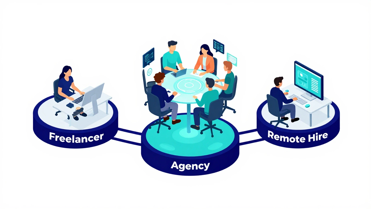 Isometric illustration showing freelancers, agencies, and dedicated remote hires.