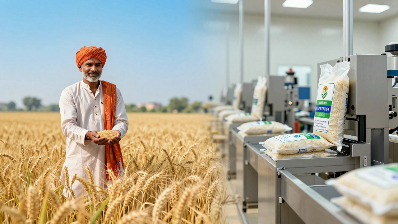 Split scene showing a farmer with raw wheat and a modern rice packaging factory.