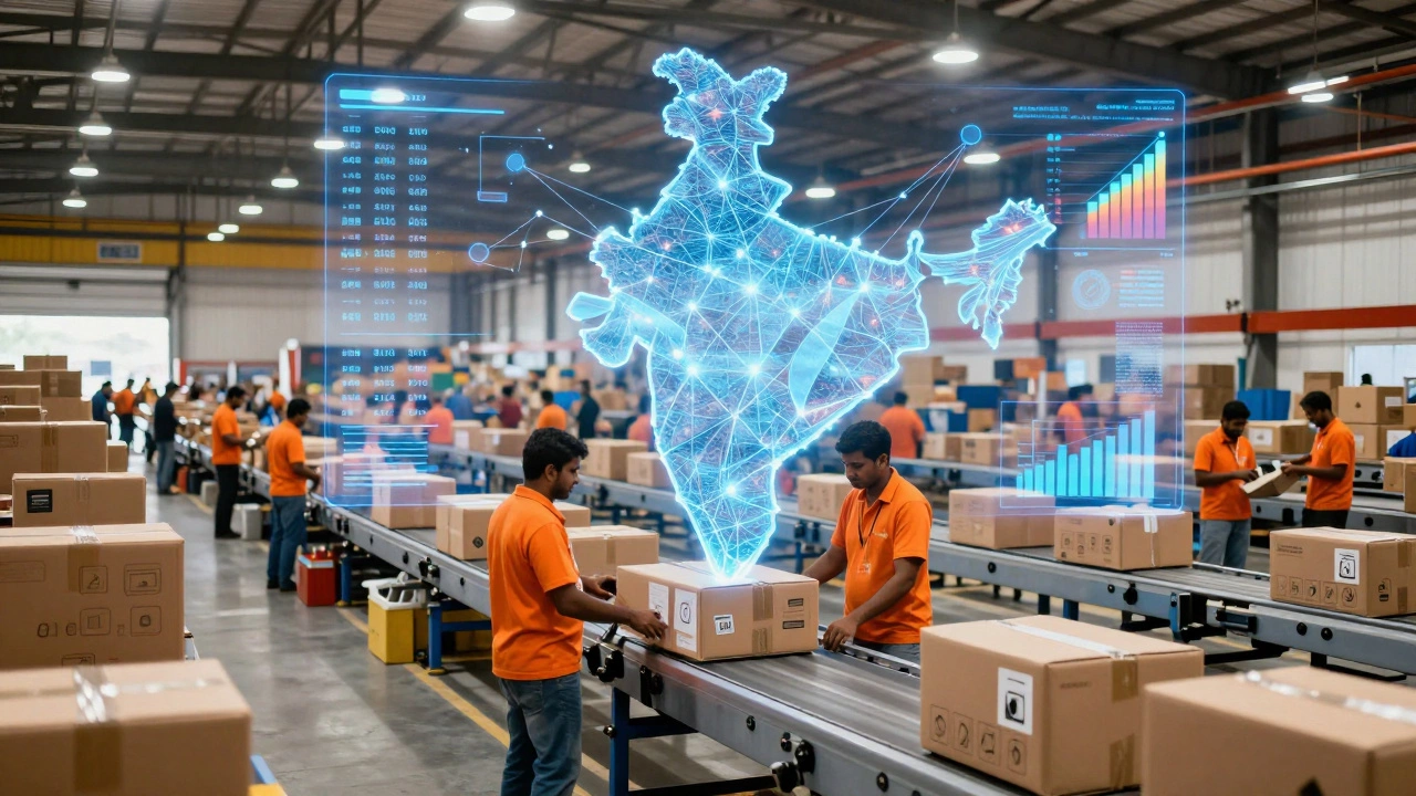 Busy warehouse with holographic data maps showing e-commerce growth across India
