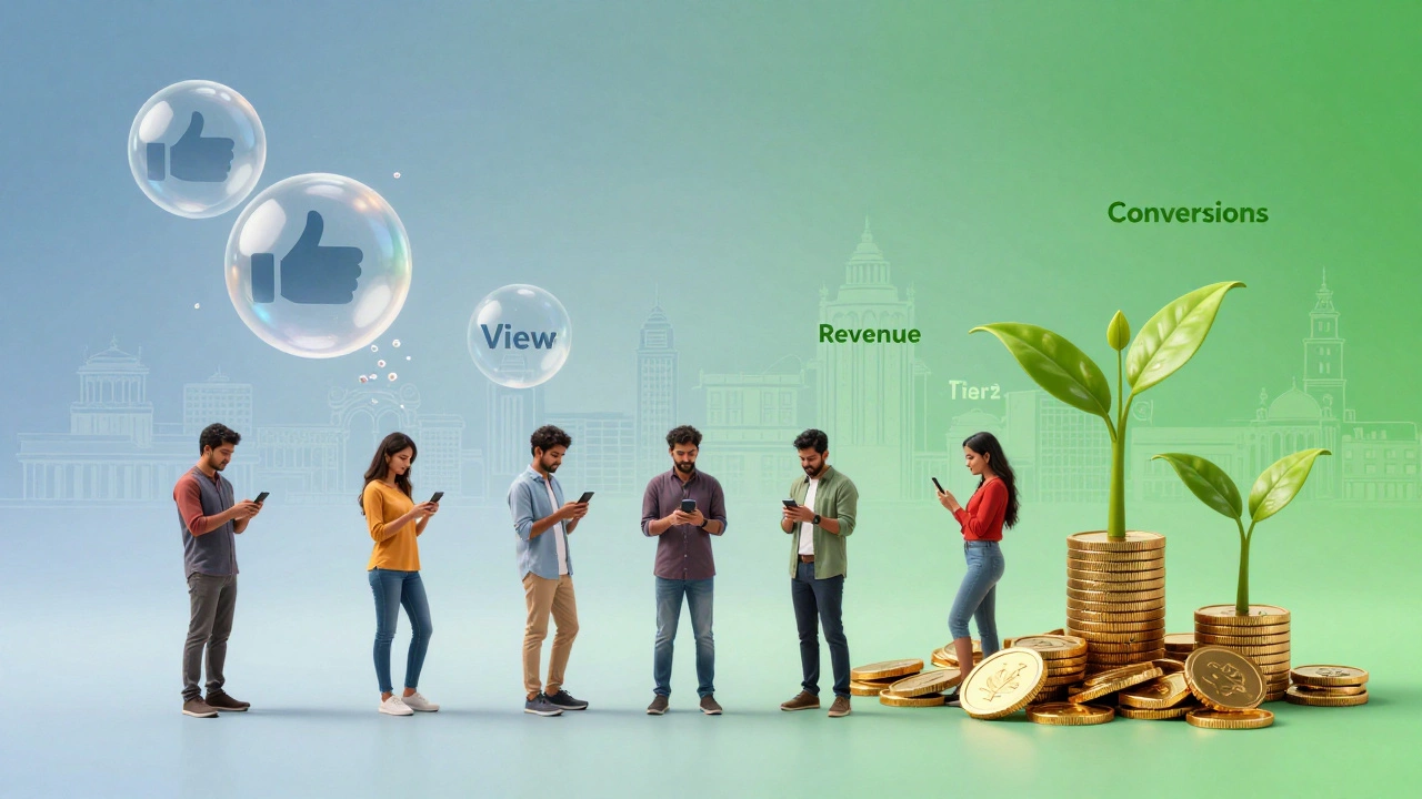 Conceptual art showing fragile vanity metrics vs solid revenue growth for Indian users