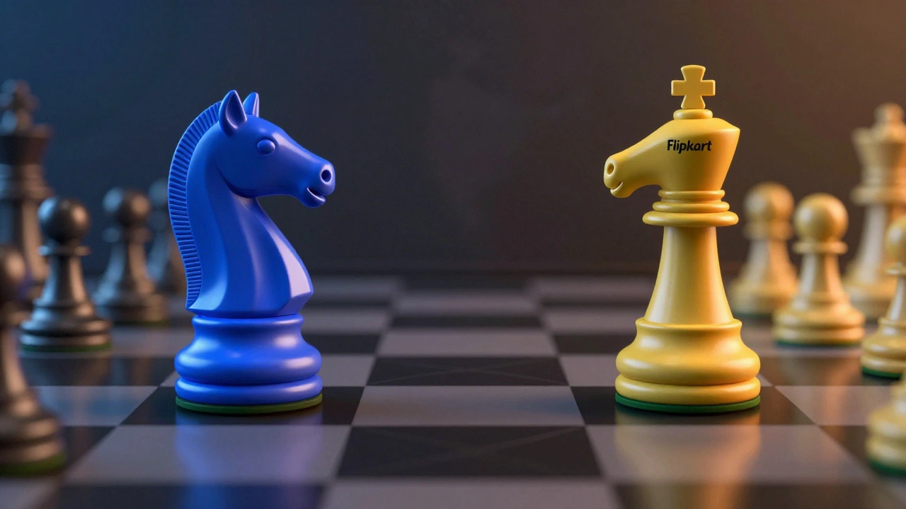 Conceptual chess pieces representing Amazon and Flipkart competing over an India map.