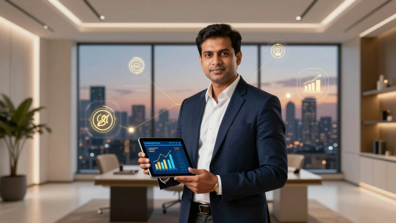 Confident Indian entrepreneur in luxury office with global metrics