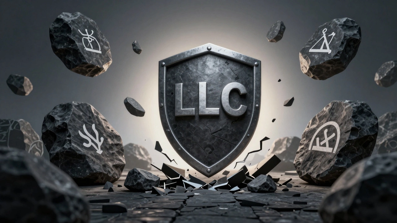 Cracked shield symbolizing loss of LLC legal protection