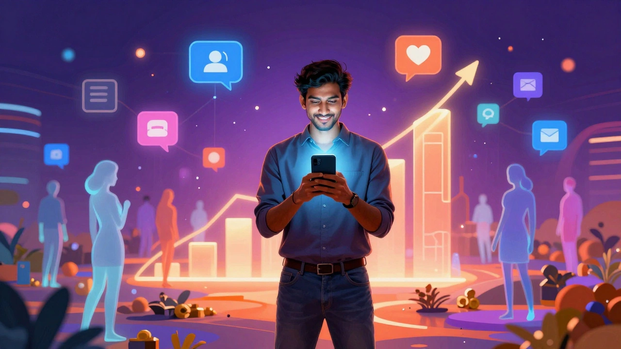 Creator surrounded by glowing digital network and growth charts