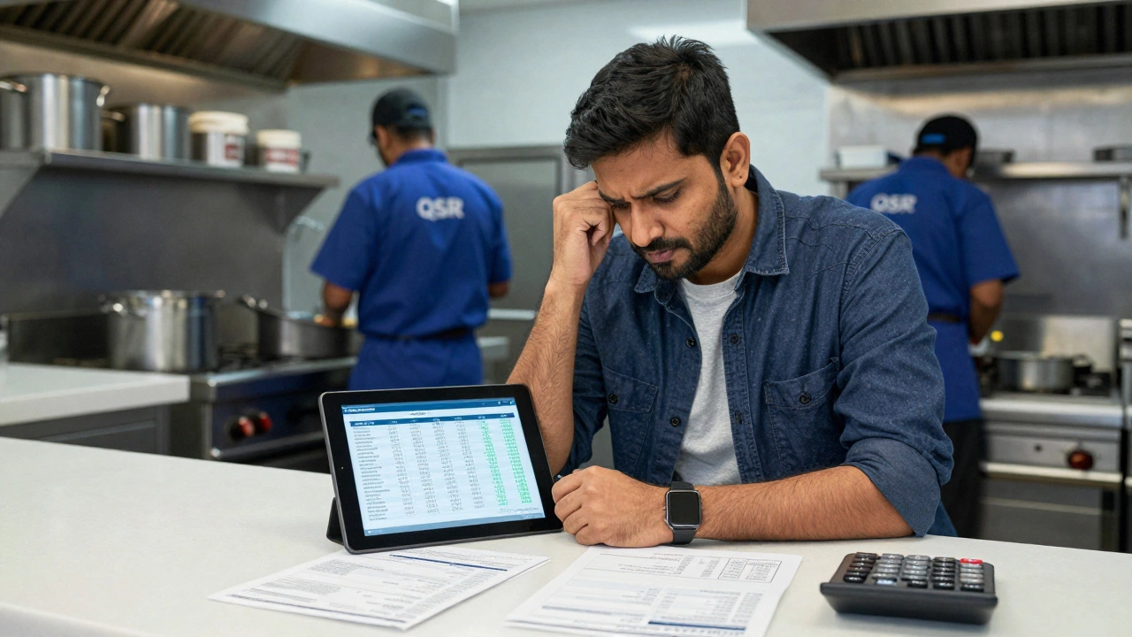 Entrepreneur analyzing financial data in a busy QSR kitchen in India