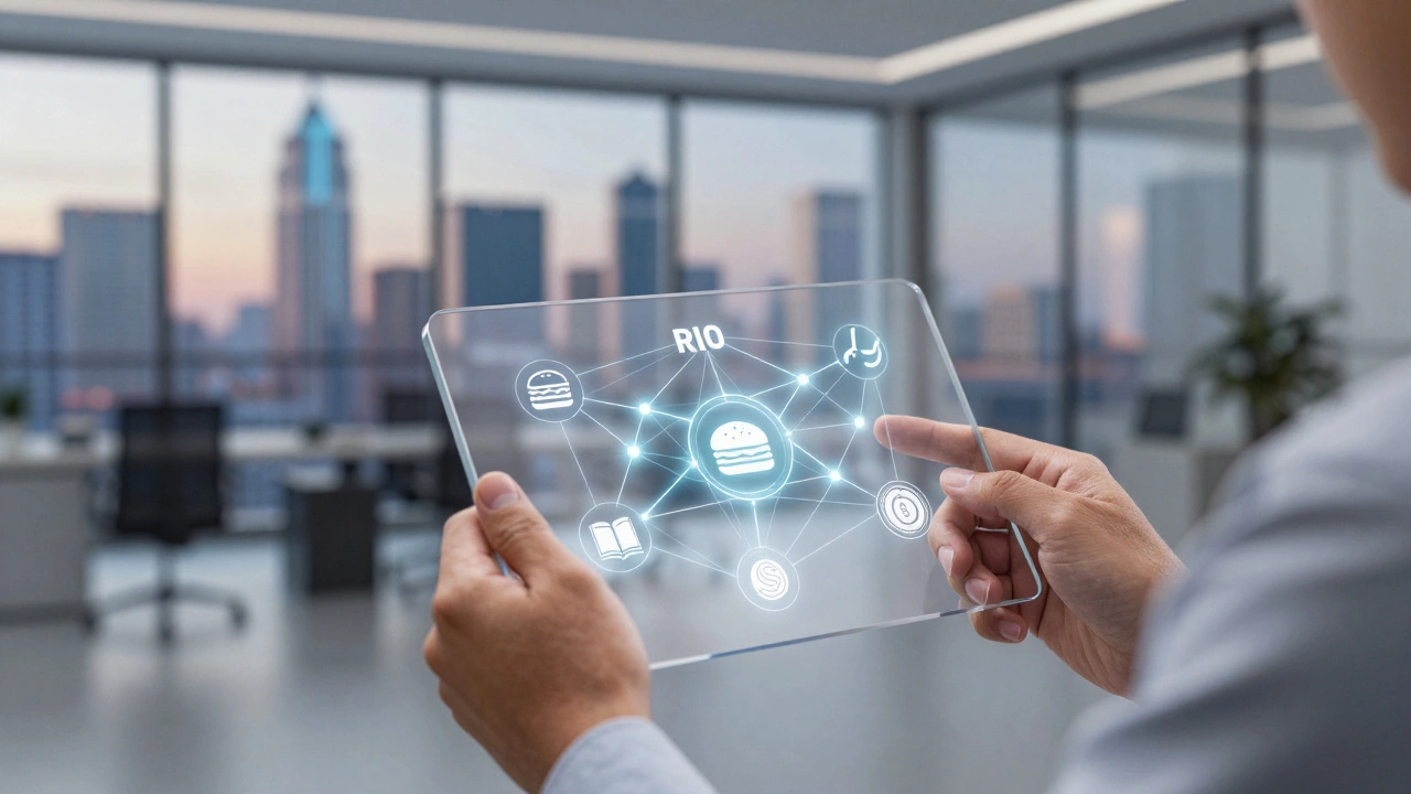 Entrepreneur analyzing franchise data on a tablet against a city skyline