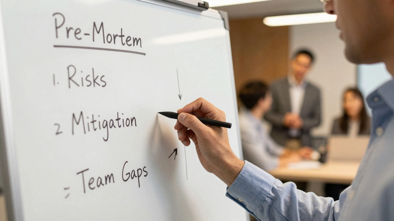 Founder writing risk mitigation strategies on a whiteboard with team