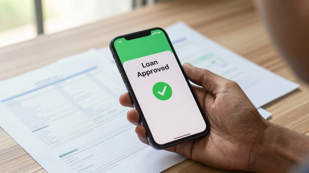Hand holding phone with loan approval notification over organized financial documents.