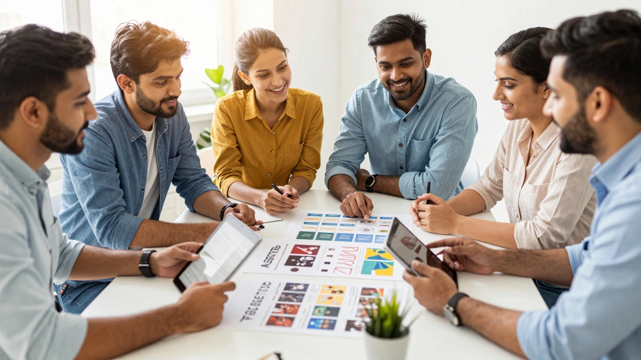 Indian marketing team collaborating on localized strategy in a bright, modern workspace