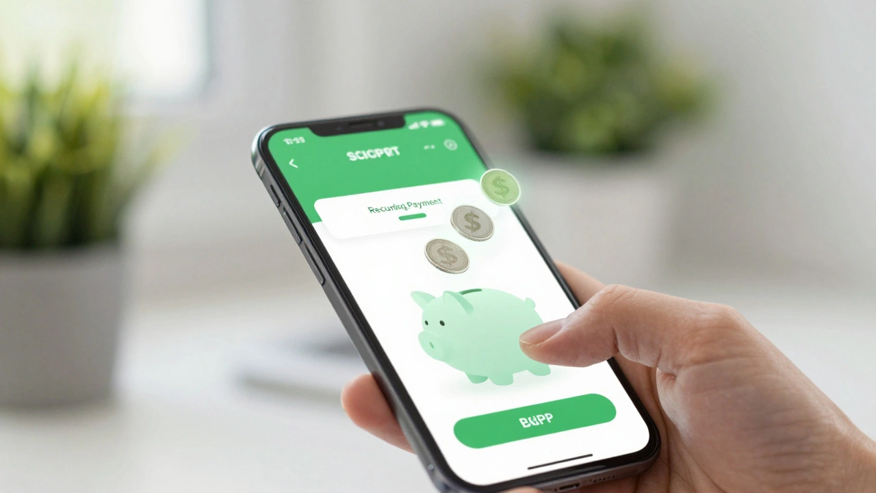 Smartphone showing subscription payments and growing savings