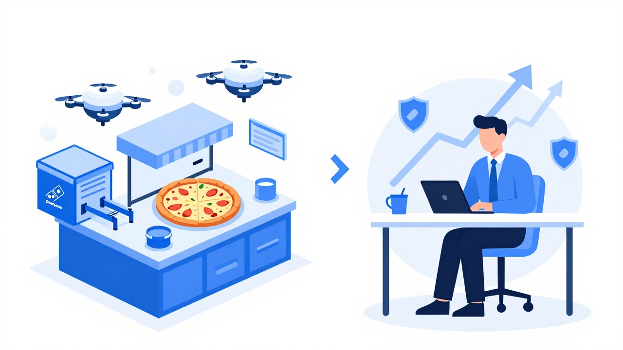 Split illustration comparing tech-driven pizza delivery and financial advisory services