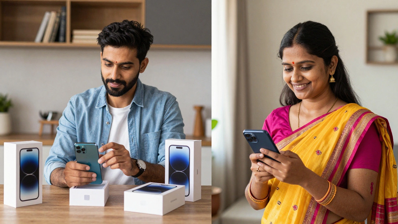 Split scene showing urban smartphone buyer and rural reseller in India.