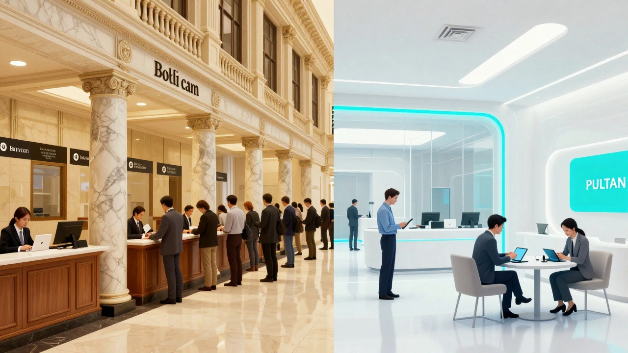 Split view contrasting a traditional crowded bank branch with a modern digital lobby.