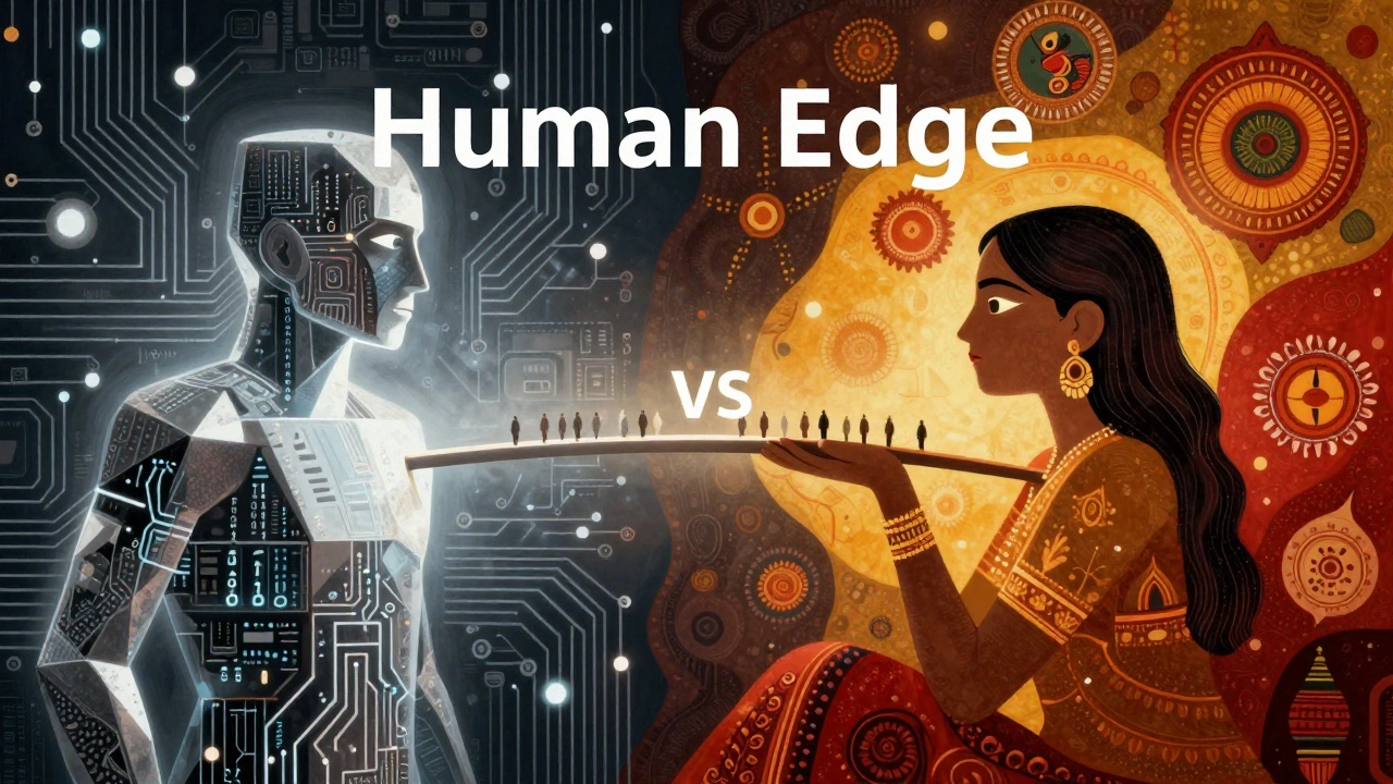 Surreal art contrasting cold AI circuits with vibrant Indian cultural patterns