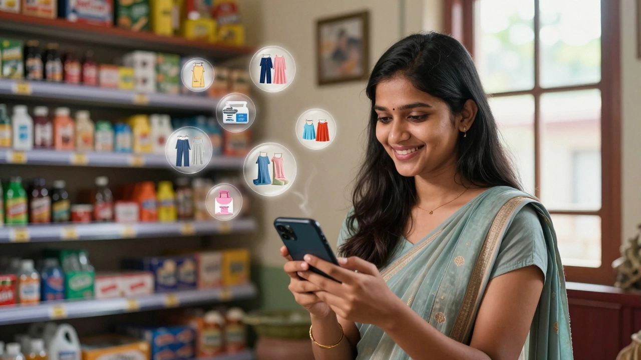 Woman sharing products on smartphone in a home, representing social commerce