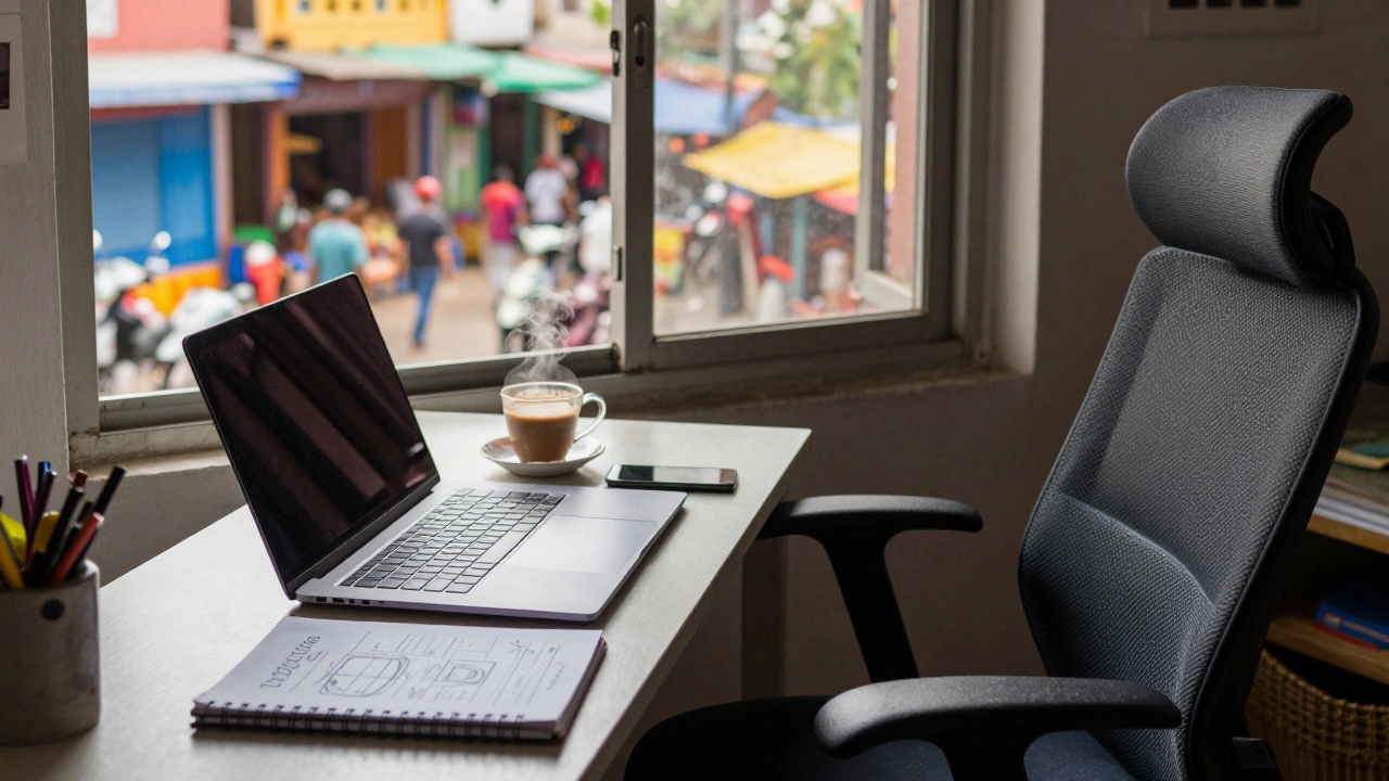 Cozy home workspace with laptop and chai, overlooking an Indian street