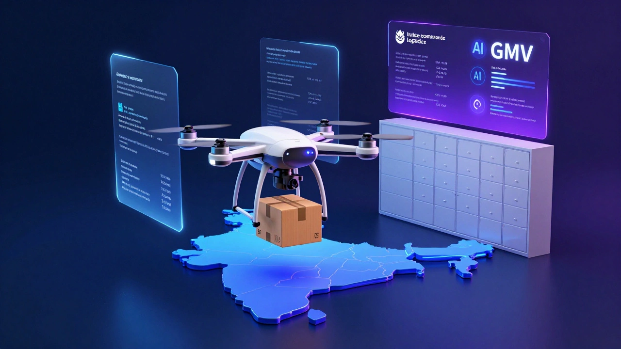 Futuristic drone delivering package over India map with holographic data streams