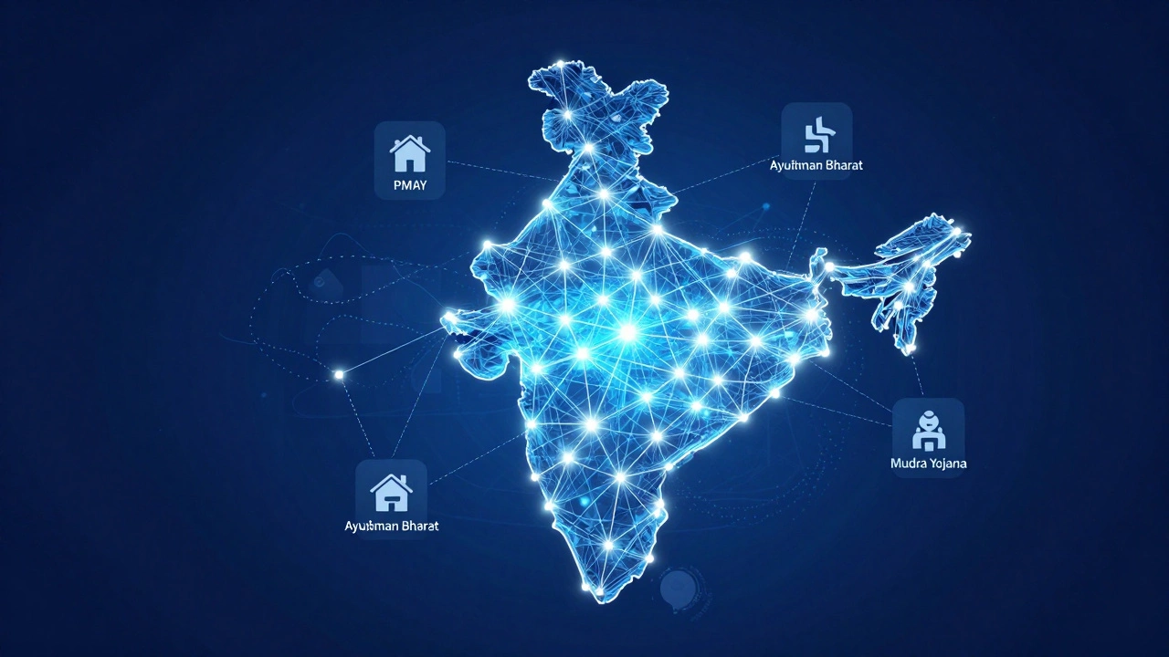 Glowing digital map of India with icons for govt schemes