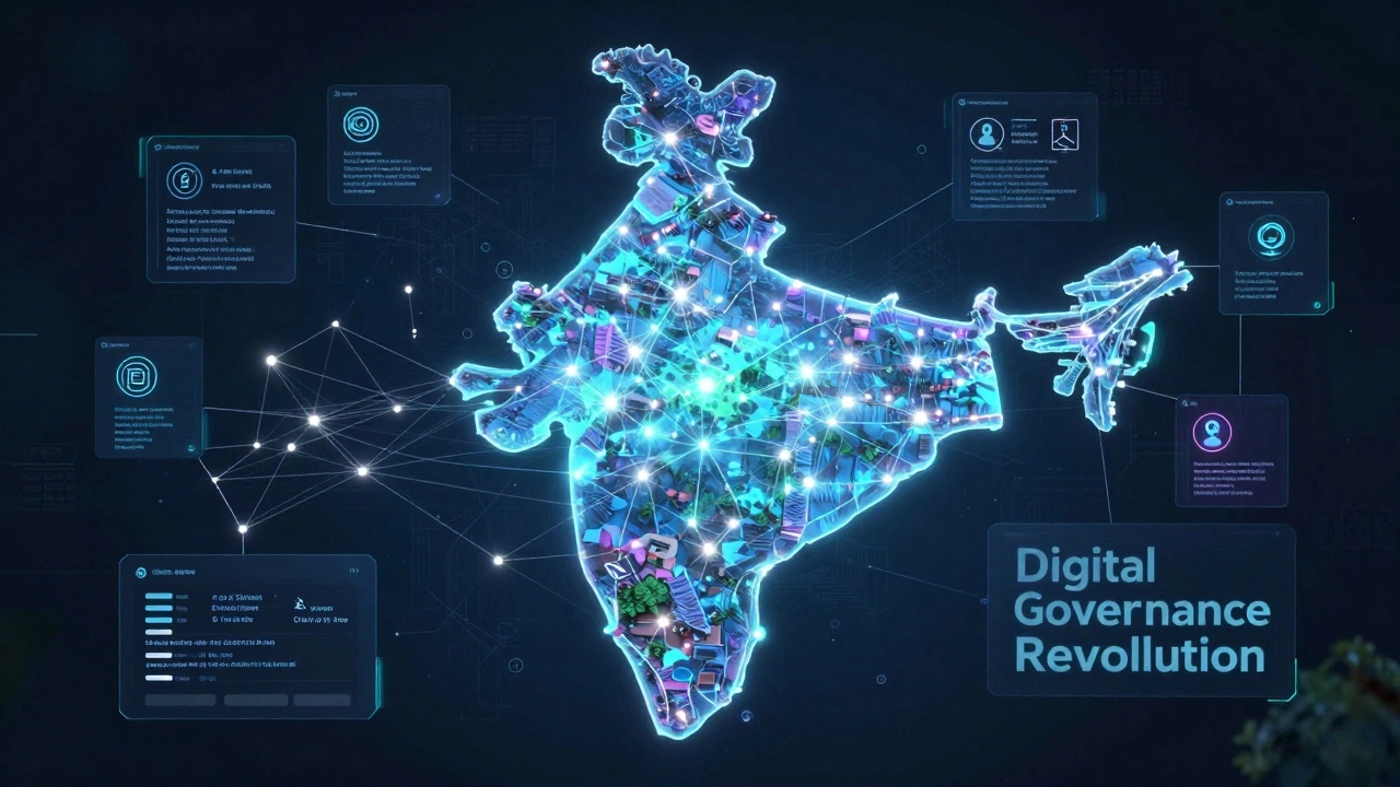 Glowing digital network map illustrating India's e-governance systems