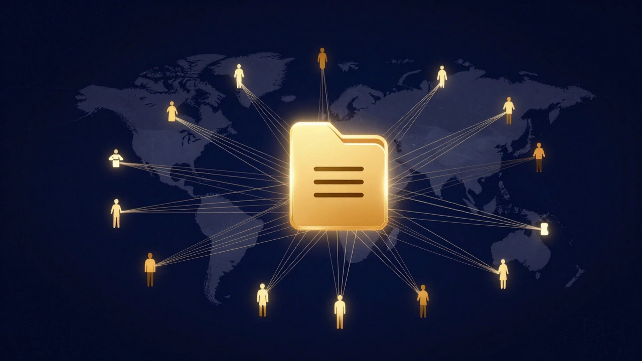 Glowing digital product icon connecting to global users via light threads
