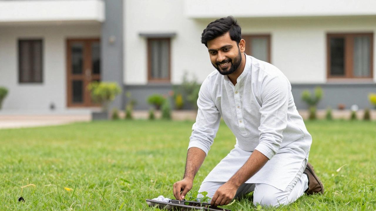 Local service provider tending to lawn at Indian home