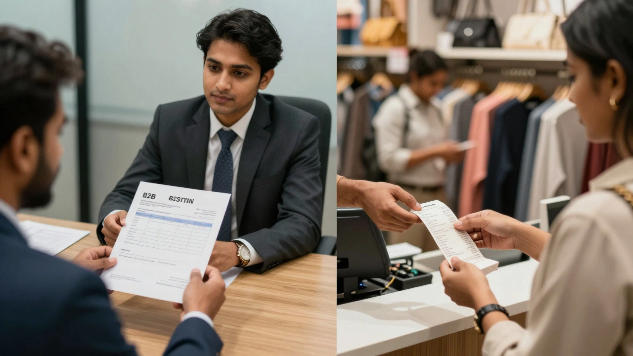 Split view comparing formal B2B and retail B2C invoicing scenes