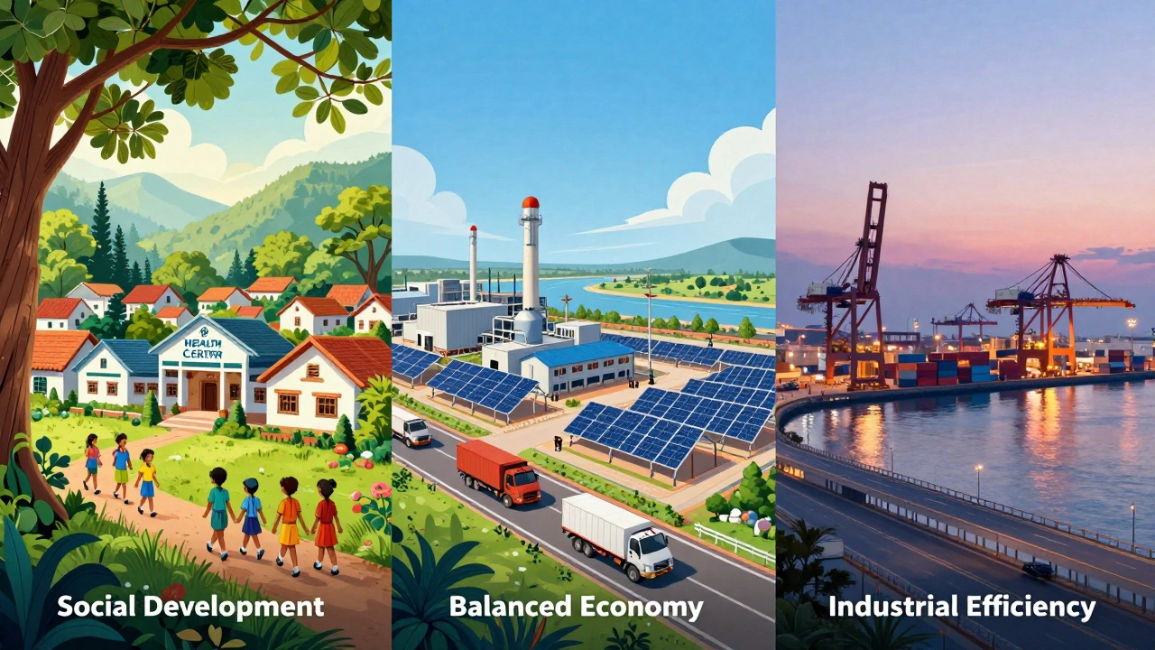 Split view showing Kerala's social care, TN industry, and Gujarat ports
