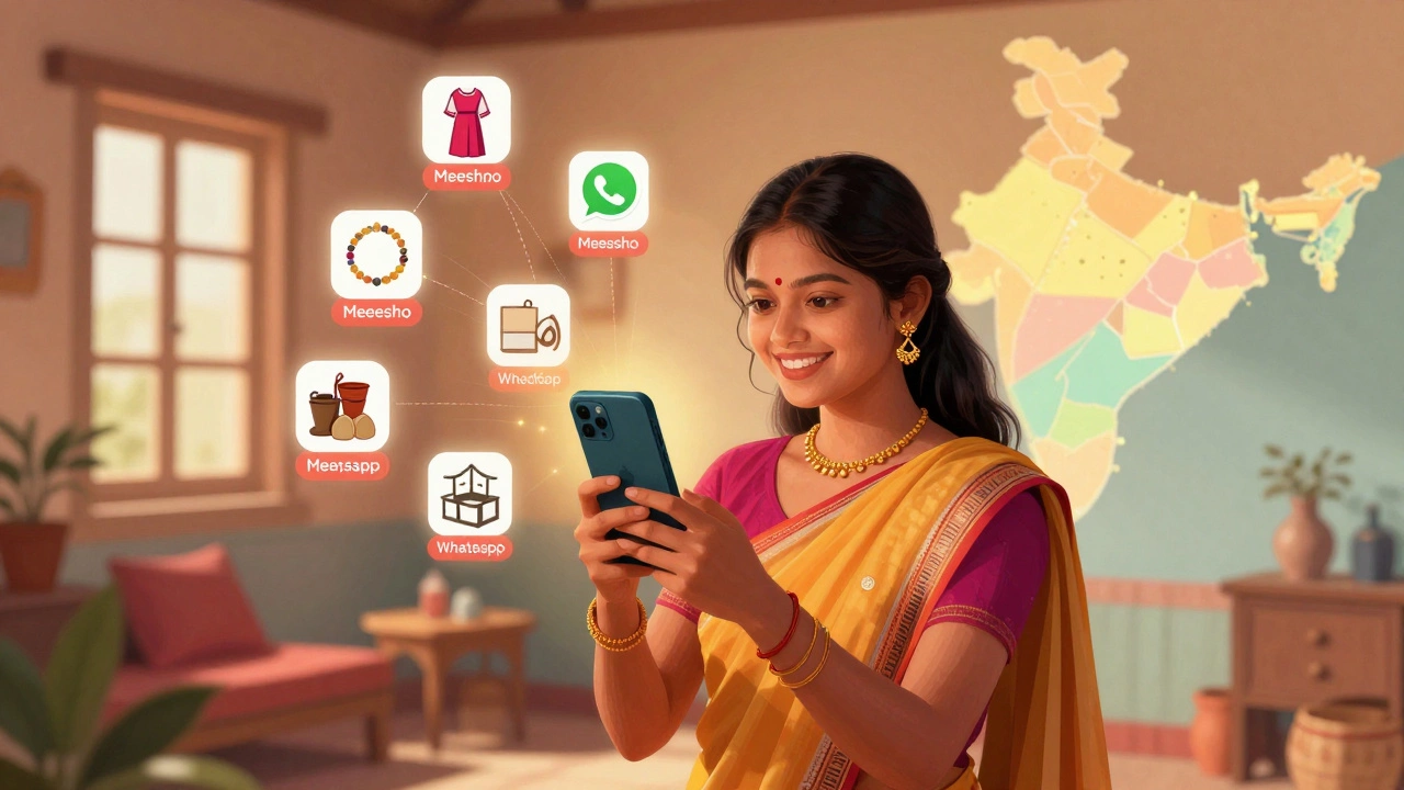 Woman sharing products on phone in rural India, illustrating Meesho's social commerce growth