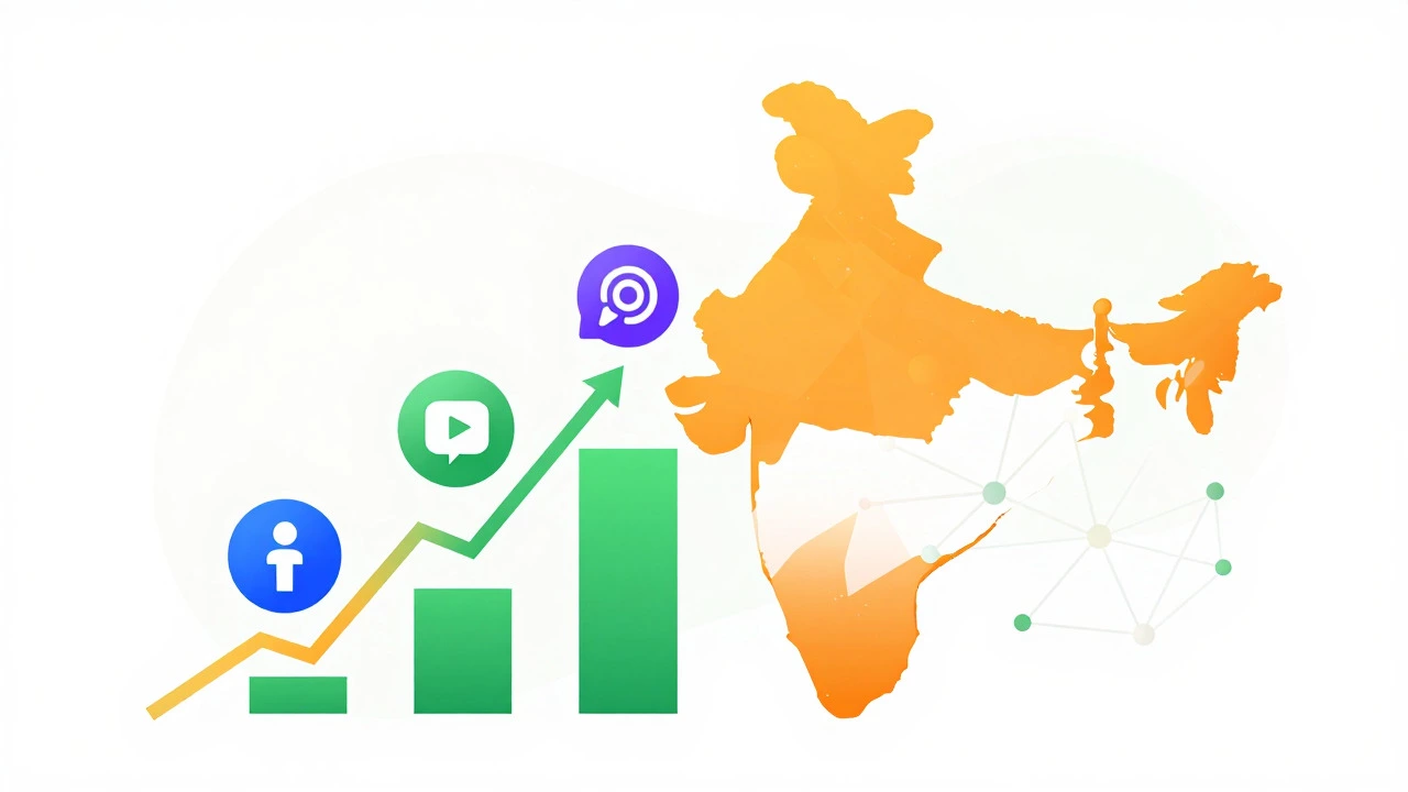 Abstract graphic of digital marketing growth trends over an India map