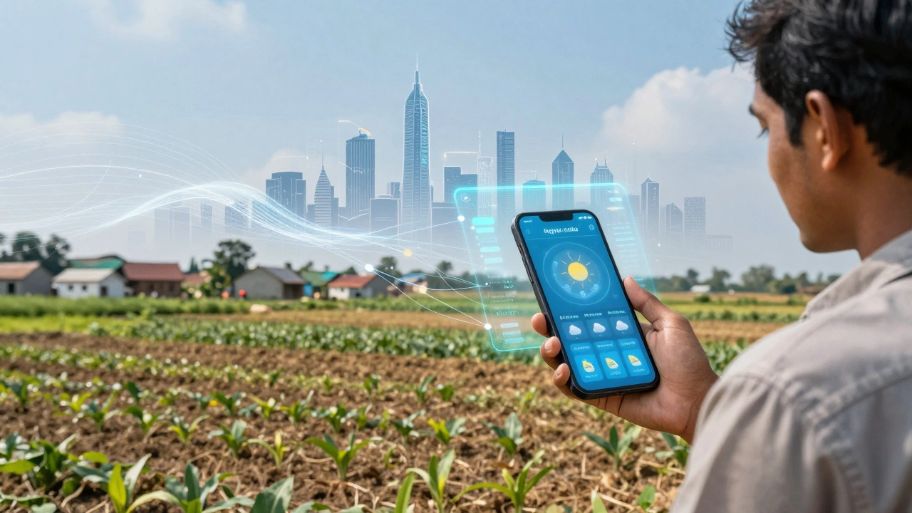 Farmer using smartphone for digital market data in a connected village