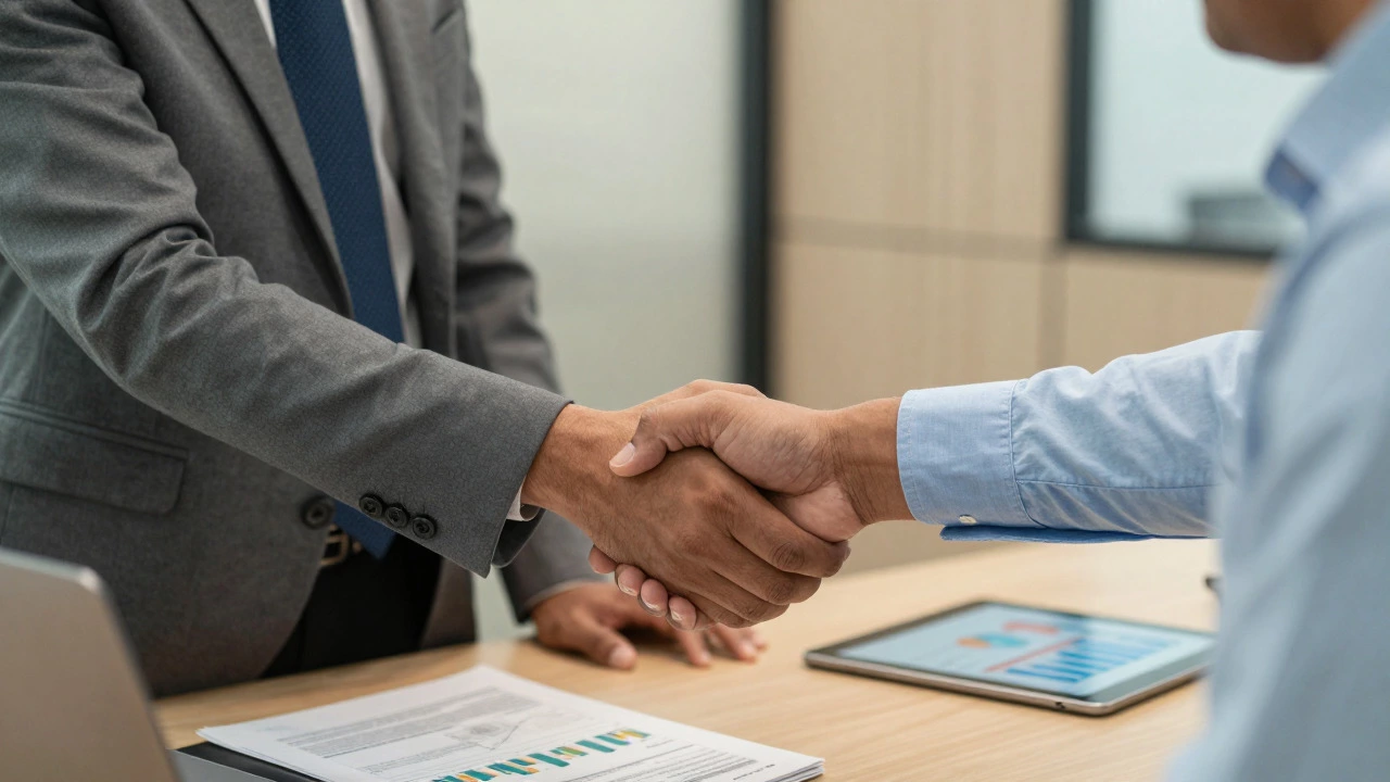 Franchise owner shaking hands with brand representative