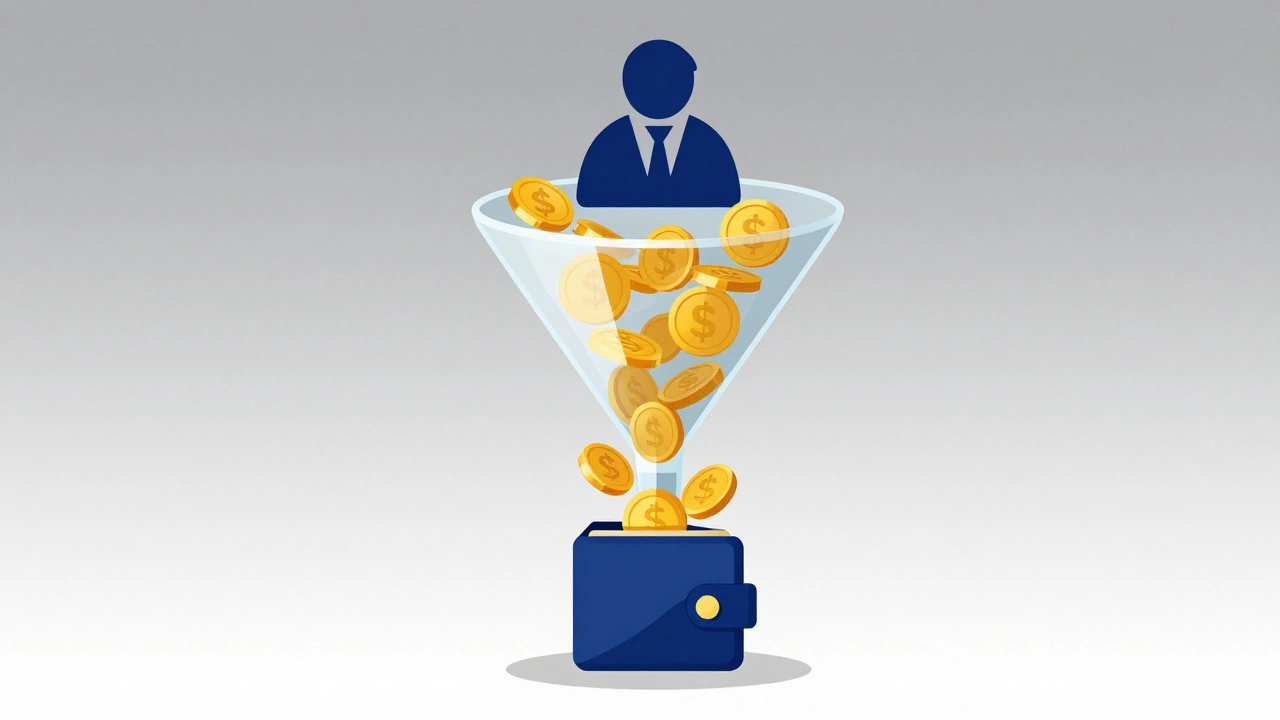 Golden coins flowing through a funnel into a wallet illustrating pass-through tax