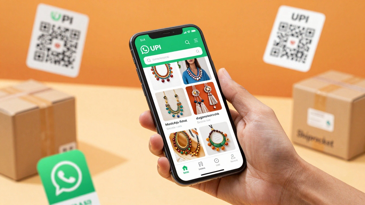 Hand holding smartphone showing mobile store and WhatsApp integration with UPI codes