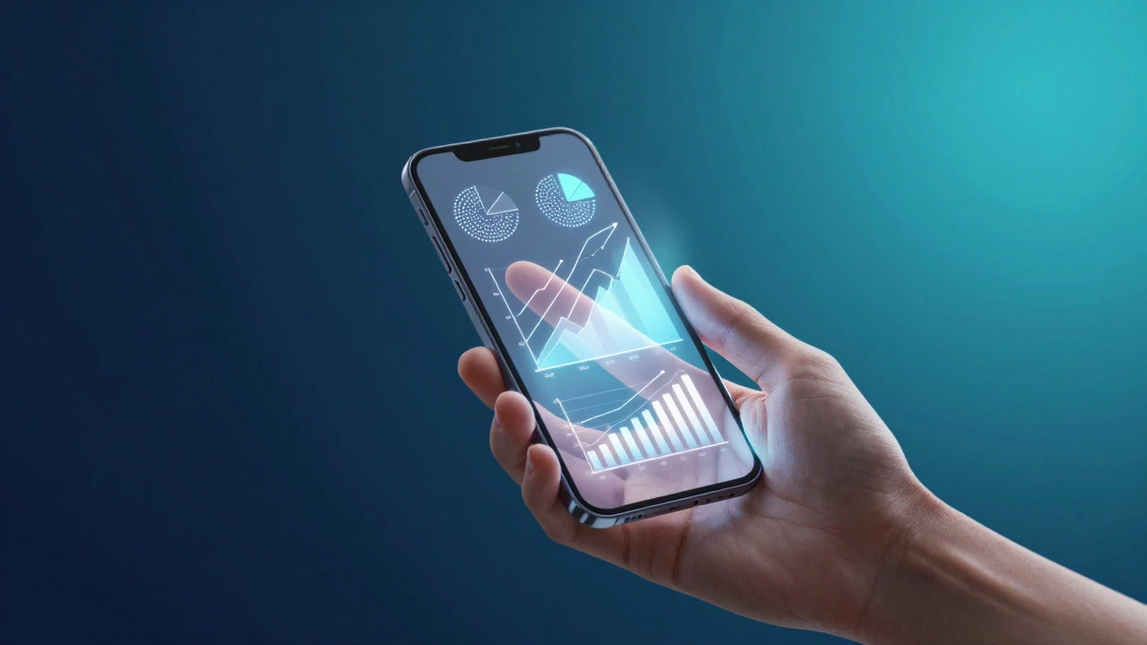 Hand holding smartphone showing transparent data analytics visualization