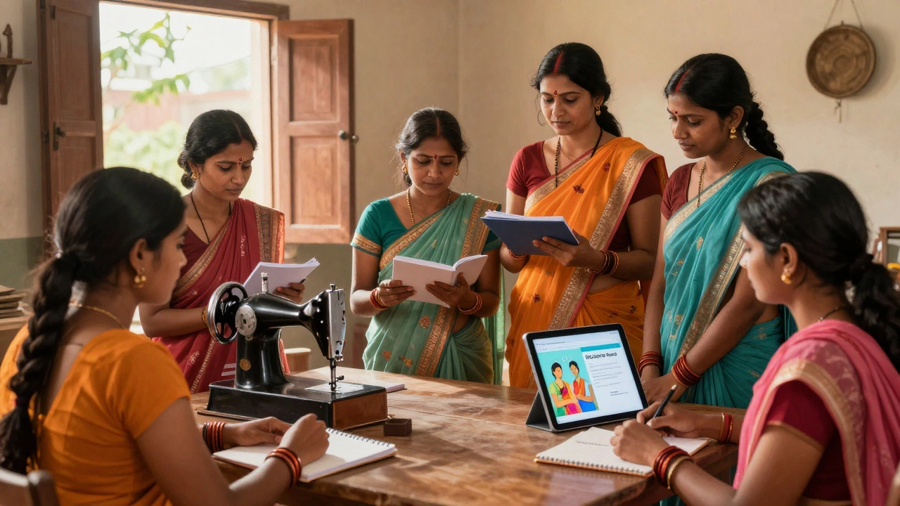 Indian women collaborating in a self-help group with sewing and tech tools