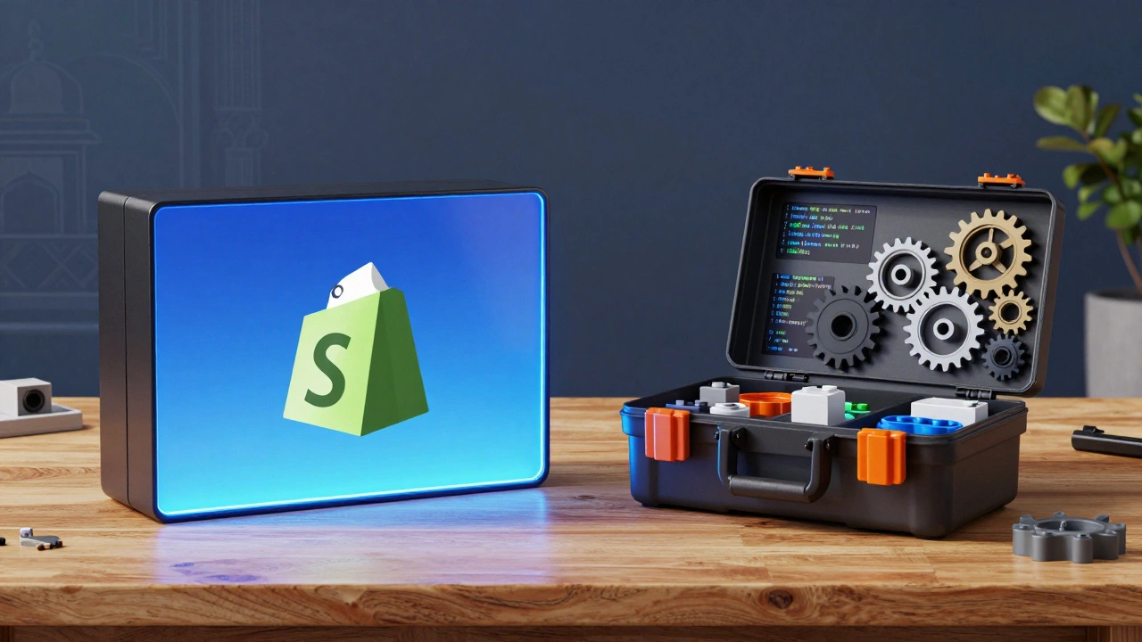 Split image comparing a sleek all-in-one store vs a customizable open-source toolkit