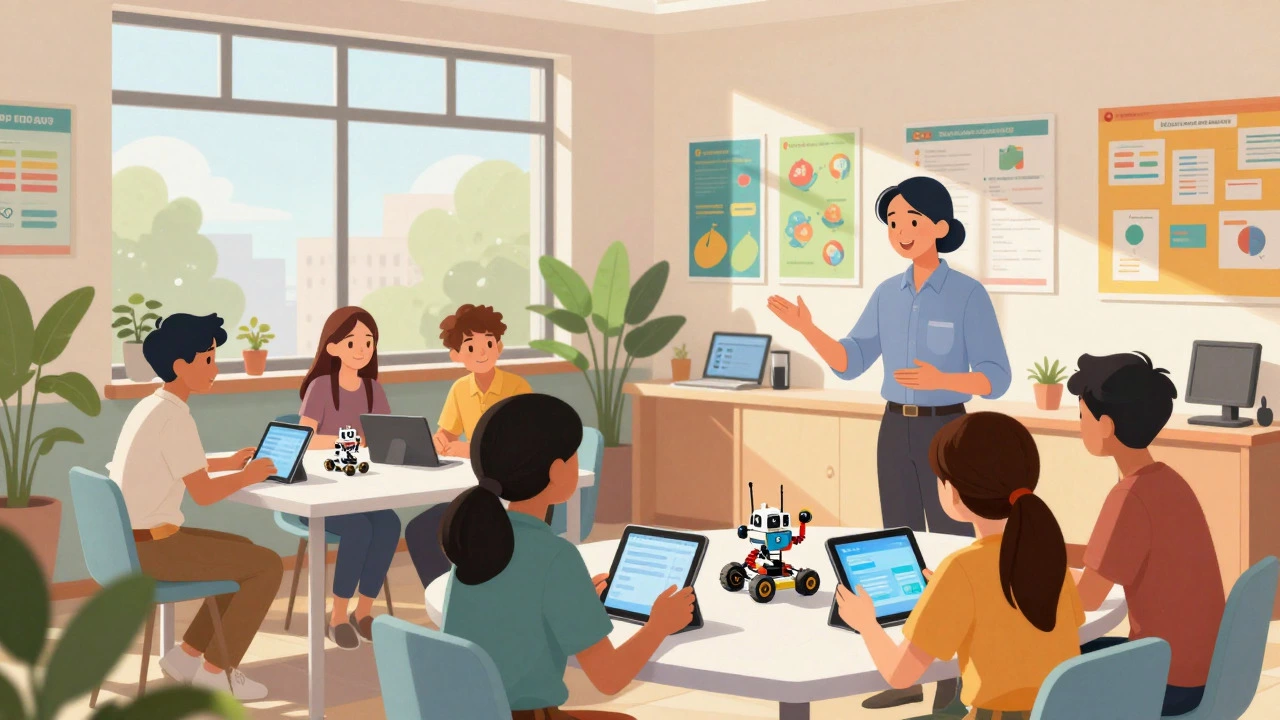 Students learning robotics in a bright Indian education center