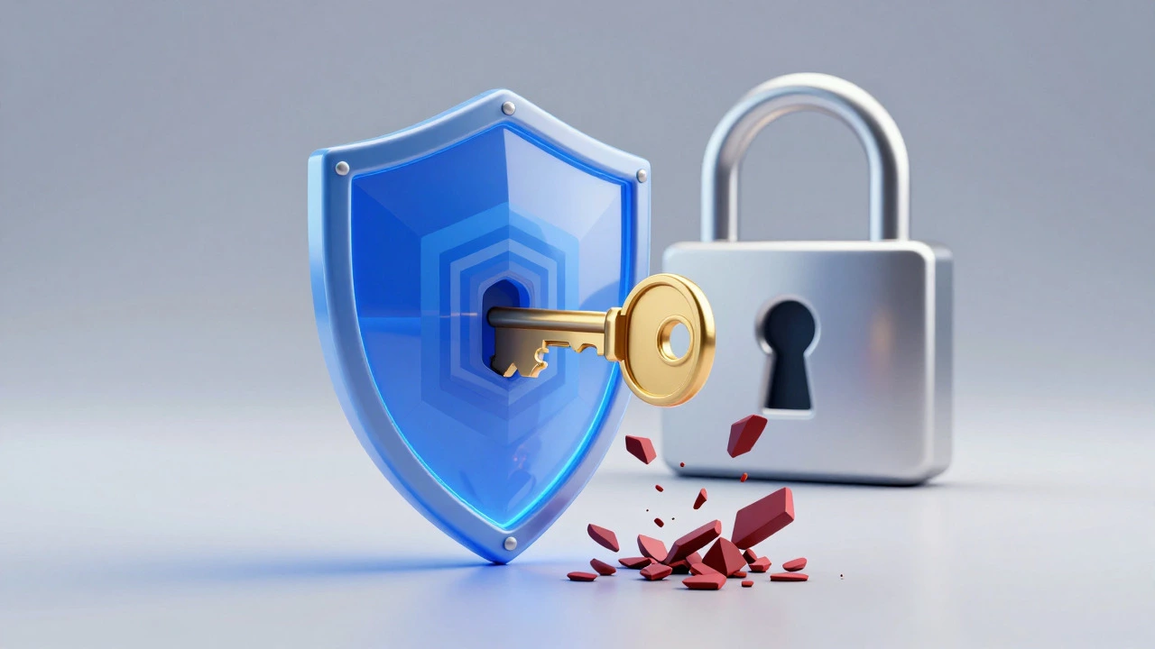 Abstract shield protecting a key from data breach shards