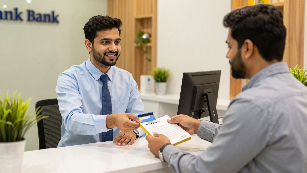 Banker handing business card to entrepreneur at counter