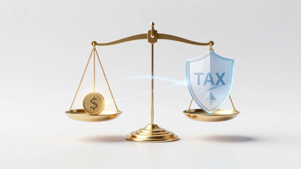 Conceptual art of a balance scale weighing profit against tax obligations