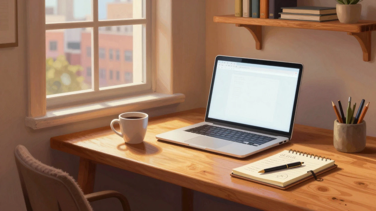Cozy home office setup with laptop and coffee, symbolizing business planning