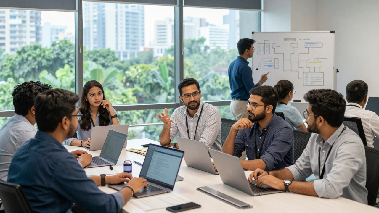 Diverse team collaborating in a bright, modern Indian startup office