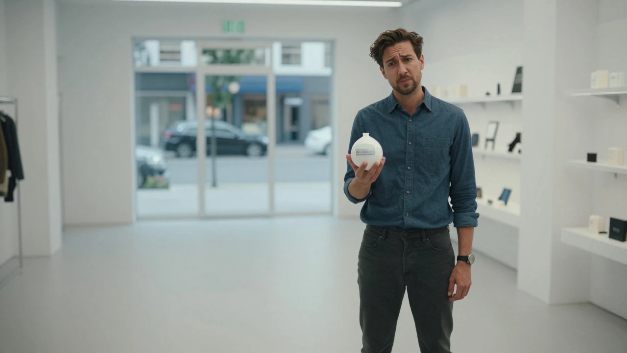Entrepreneur holding unused product in empty store, illustrating lack of market demand