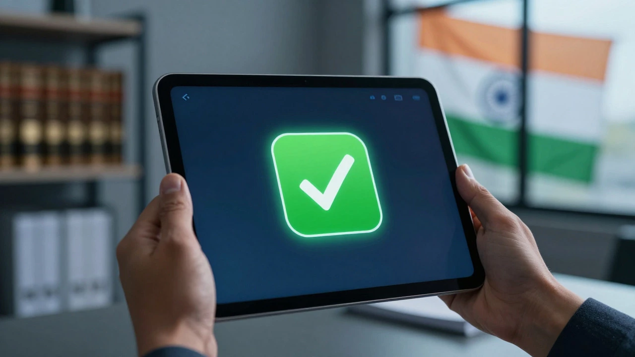 Hand holding a tablet with a green checkmark indicating startup approval