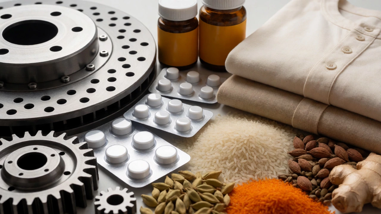 Assorted Indian exports including auto parts, medicines, textiles, and spices