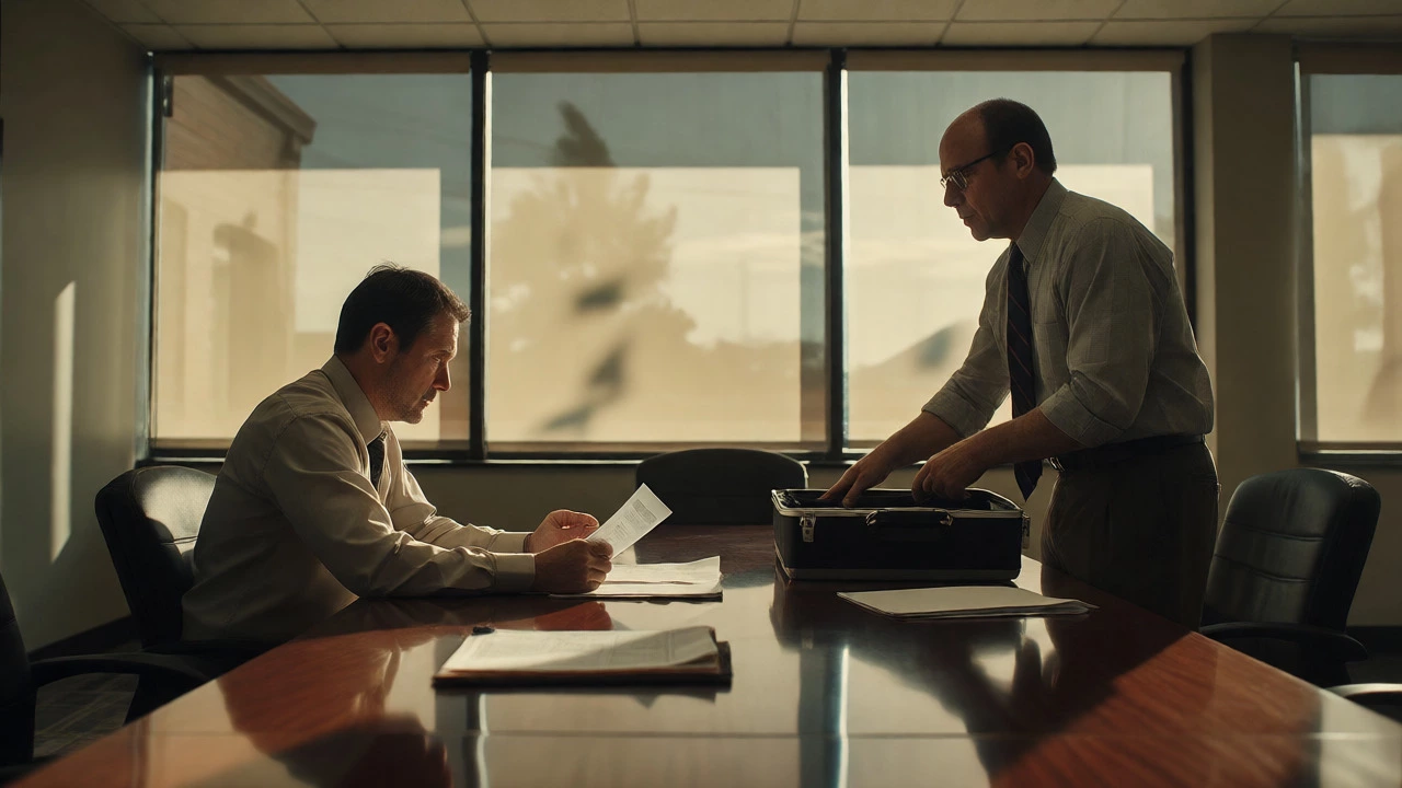 Business owner and consultant meeting across a table, discussing contract terms seriously.