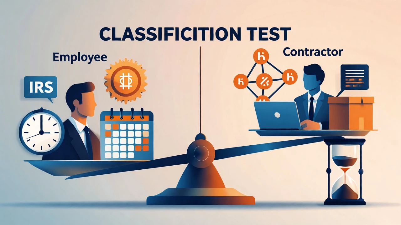 Conceptual balance scale comparing employee control traits against contractor independence.