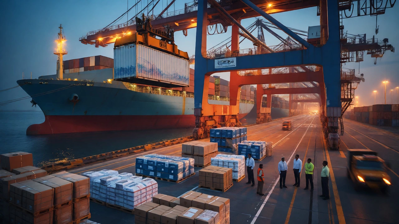 Container ship loading at an Indian port with auto parts and textiles