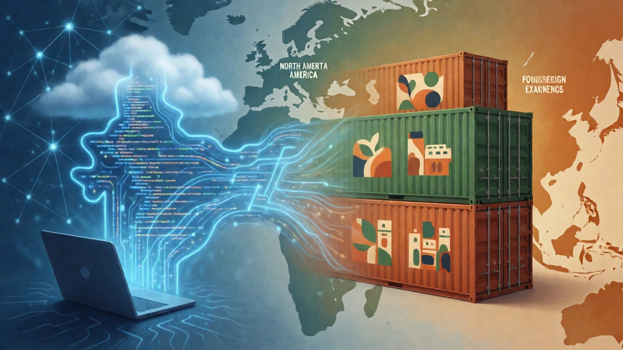 Digital concept art showing IT services merging with physical export goods